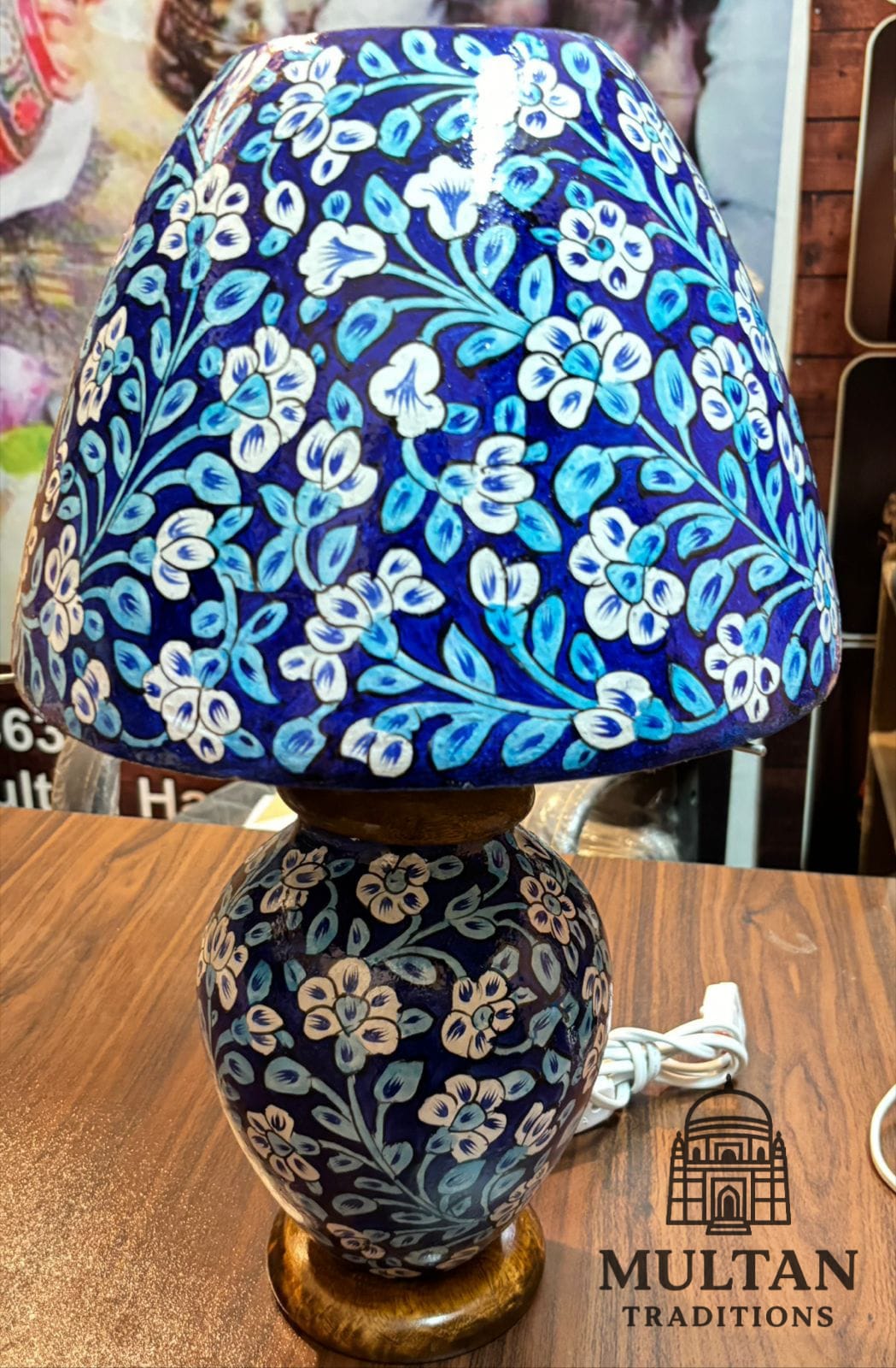 Blue Floral Camel Skin Table Lam