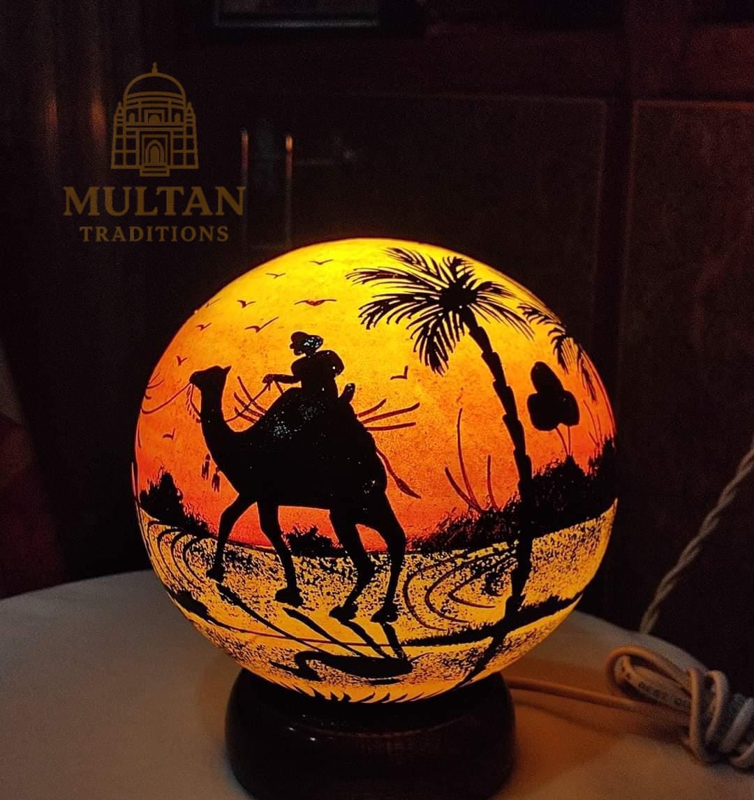 Desert Journey Globe Camel Skin Lamp – Handmade Multani Art Light